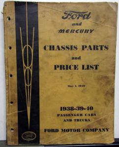1938-1940 Ford & Mercury Dealer Chassis Parts Price List Catalog Book Car Truck
