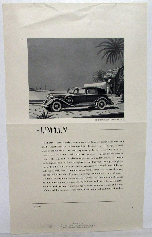 1935 Lincoln Ad Proof Magazine New Models V12 5 Passenger 2 Window Sedan