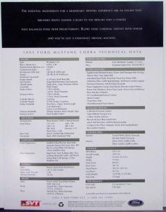 1995 Ford Mustang Cobra SVT Data Sheet Photo Card Original