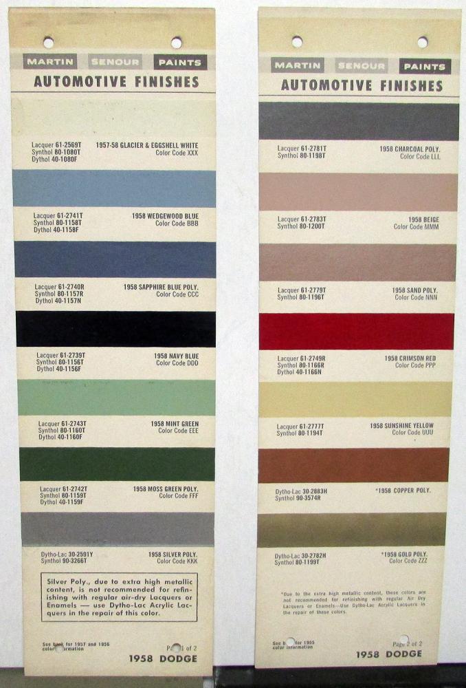 1958 Dodge Paint Chip Color Samples Leaflets Martin Senour Paints