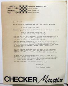 1968 Checker Marathon Dealer Sales Sheet & Letter Trailer Towing Features Specs