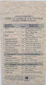 1978 Oldsmobile Exterior Colors Paint Chips & Interior Color Combos Sales Folder
