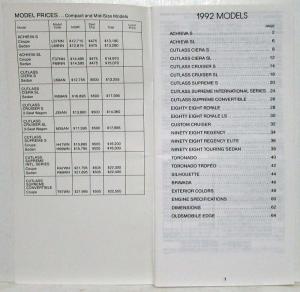 1992 Oldsmobile Price Specs Book