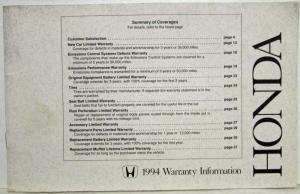 1994 Honda Warranty Information Manual
