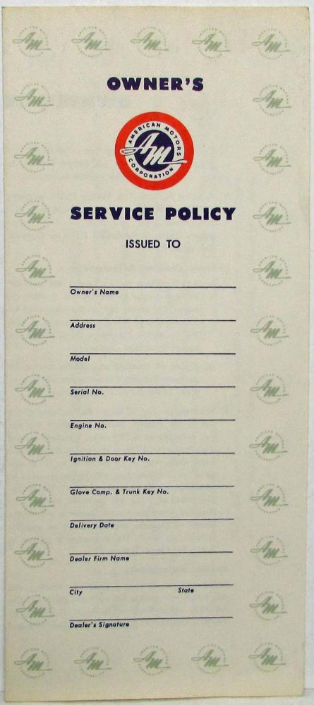 1958 AMC Owners Service Policy