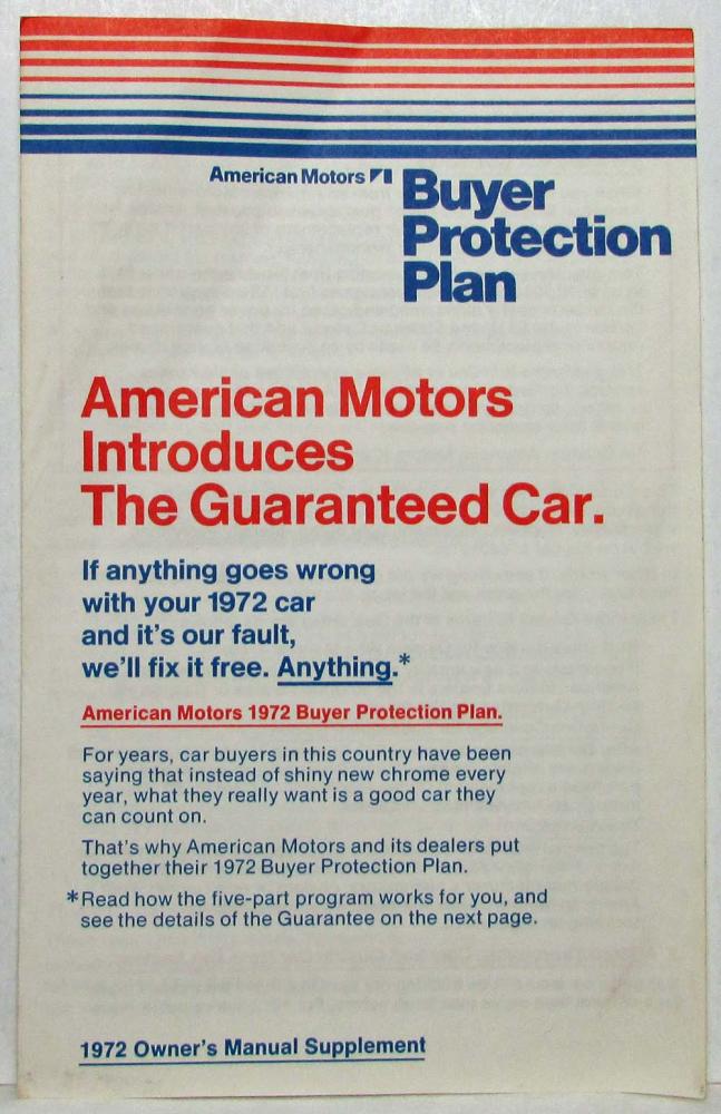 1972 AMC American Motors Buyer Protection Plan Supplement