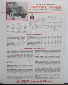 1957 International Trucks IHC Spec Sheet Model V-195 Dimensions Specs original