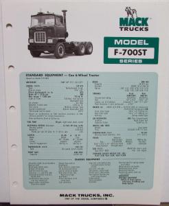 1976 Mack Trucks Model F 700ST Diagrams Dimensions Sales Brochure Original
