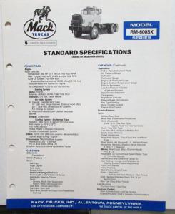 1982 Mack Trucks Model RM-600SX Diagrams Soecifications Sales Brochure Original