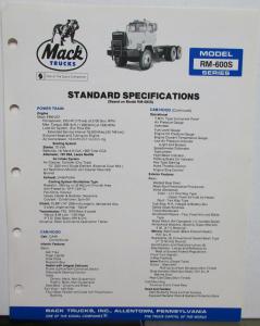 1982 Mack Model RM 600S Diagrams Dimensions Sales Brochure Original