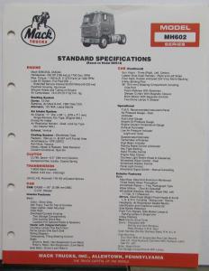 1984 Mack Trucks Model MH602 Diagrams Dimensions Specifications Sheet Original