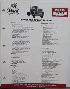 1985 Mack Truck Model RW703 Diagrams Dimensions Specification Sheet Original