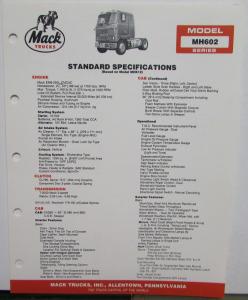 1987 Mack Trucks Model MH602 Diagrams Dimensions Specifications Sheet Original