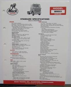 1987 Mack Trucks Model MH603 Diagrams Dimensions Specifiations Sheet Original