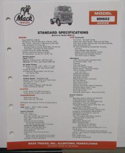 1988 Mack Trucks Model MH602 Series Standard Specifications Sheet Original