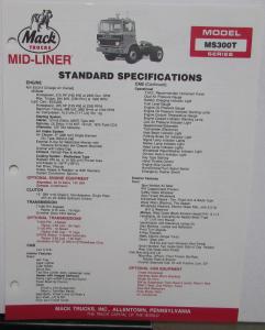 1988 Mack Trucks Model MS300T Series Standard Specifications Sheet Original