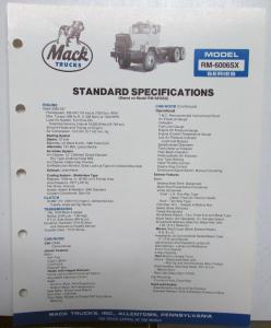1985 Mack Trucks RM 6006SX Dimensions Standard Specifications Sale Brochure Orig