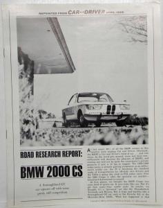 1966 BMW 2000 CS Car and Driver Reprint Road Test Article Arpil 1966 Issue