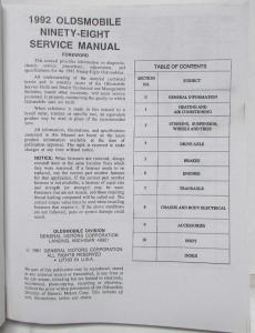 1992 Oldsmobile Ninety Eight Service Shop Repair Manual