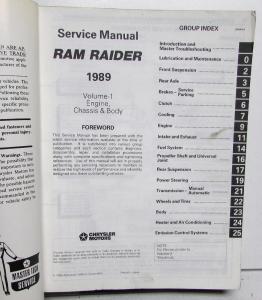 1989 Dodge Ram Raider Dealer Service Shop Repair Manual Volume 1