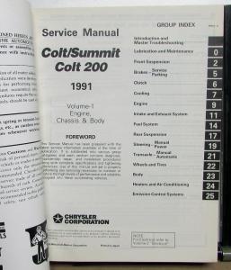 1991 Dodge Plymouth Colt & 200 Eagle Summit Service Shop Repair Manual 2 Vol Set