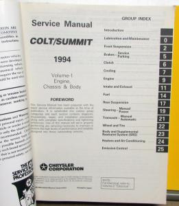 1994 Dodge Plymouth Colt & Eagle Summit Service Shop Repair Manual 2 Vol Set