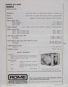 1974 Rome WX-3000 Winch for Caterpillar D3/931 Track-Type Loader Spec Sheet