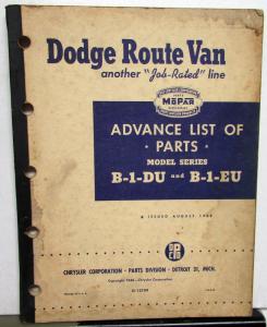 1948 Dodge Route Van Dealer Advance Parts List Book B1DU B1EU Original