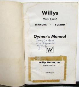 1955 Willys Owners Manual - Model 6-226A Bermuda - Custom