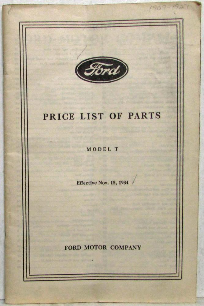 1934 Ford Model T Price List of Parts Orig Effect Nov 15 1934 For 1909 To 1927