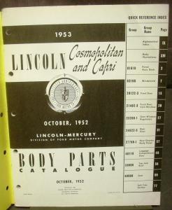 Original 1953 Lincoln Dealer Body Parts Catalog Book Cosmopolitan Capri Numbers