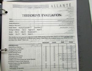 1991 Cadillac Allante Salesmans Test Drive Portfolio Folder