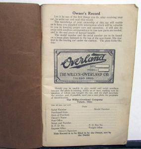 1915 Overland Automobiles Operation Care and Adjustment Owners Manual
