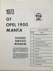 1973 Opel GT 1900 Manta Chassis Service Shop Repair Manual