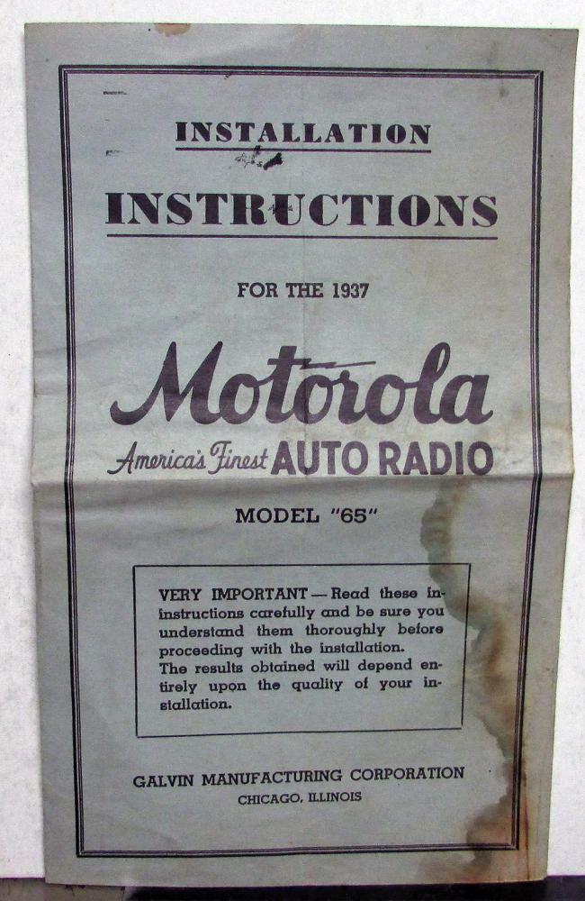 1937 Motorola Auto Radio Model 65 Installation Instruction Ford Chrysler Lincoln