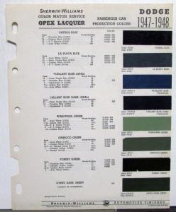 1947 1948 Dodge Sherwin-Williams Automotive Paint Chip Colors Bulletin Original