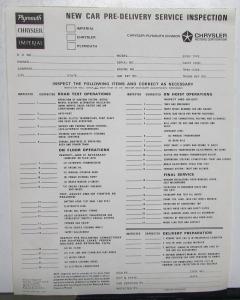 1966 1967 Chrysler Plymouth Dealer New Car Pre-Delivery Inspection Sheet Orig