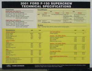 2001 Ford SVT F 150 Super Crew Truck Dimensions Capacities Sales Sheet
