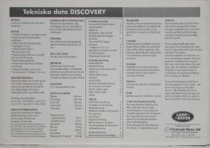 1990 Land Rover Discovery Spec Sheet - Swedish Text