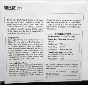 1968 Ford Shelby Mustang GT350 Collectible Photo Specifications Card