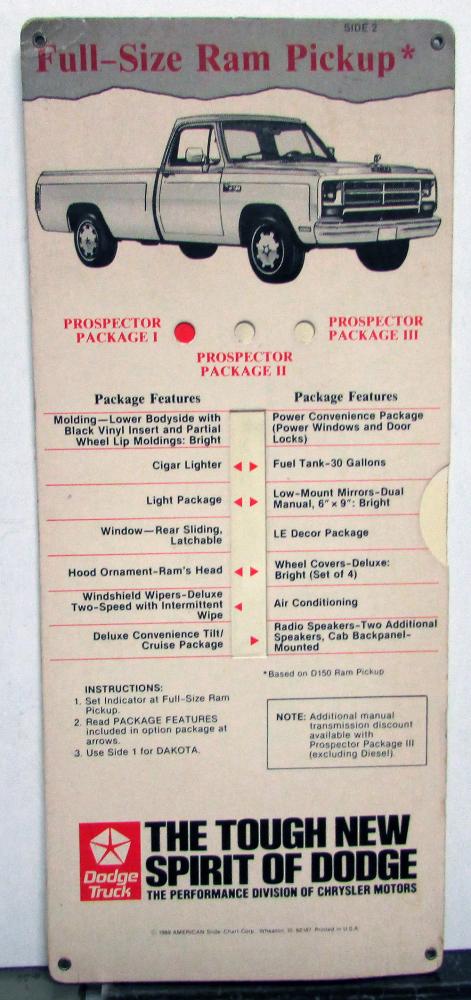 1989 Dodge Truck Dealer Dakota & Ram Pickup Prospector Package Pocket Features