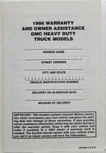 1986 GMC Heavy Duty Models Warranty and Owner Assistance Information