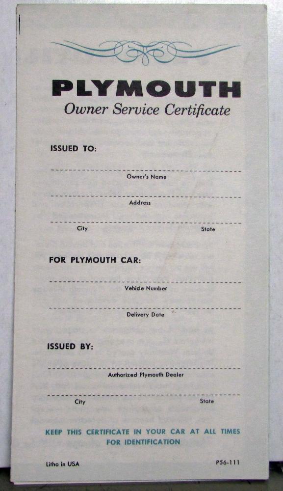 1956 Plymouth Warranty Inspection Mileage Maintenance Schedule Owner Certificate