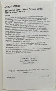 1994 GMC Truck B7 Medium Duty Forward Control Chassis Owners Manual