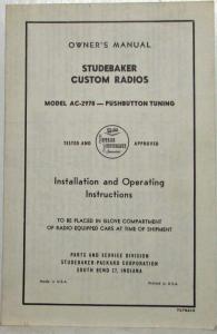 1962 Studebaker Custom Radios Owners Manual Model AC-2978 Pushbutton Tuning