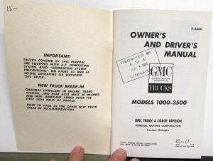 1966 GMC Gasoline Powered Trucks Owners Manual Care & Op Pickup 1000-3500 Models