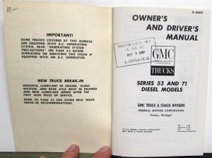 1966 GMC Diesel Powered Trucks Owners Manual Care & Op Series 53 & 71 Models