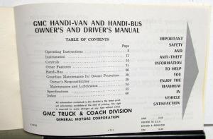 1969 GMC Handi-Van & Handi-Bus Owners Manual Care & Op G1500-G2500 Vans