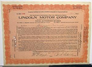 1920 Lincoln Motor Co Stock Certificate TDO 1146 Notarized Original Memorabilia
