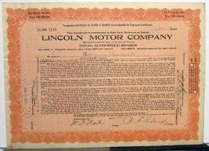 1920 Lincoln Motor Co Stock Certificate TDO 1138 Notarized Original Memorabilia